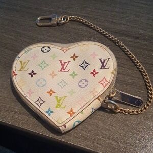 Louis Vuitton White Multicolor Monogram Heart Coin Pouch with Chain